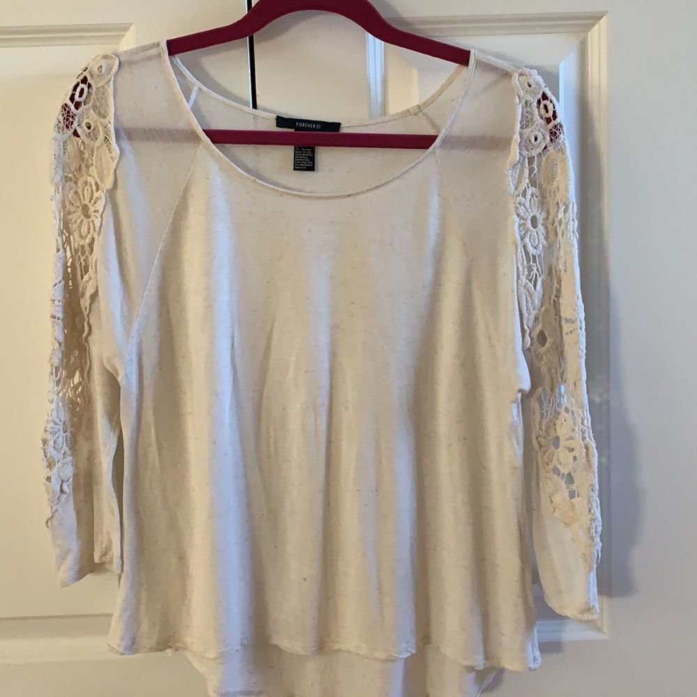 Forever 21 White Top w/ Embroidered Lace Sleeves